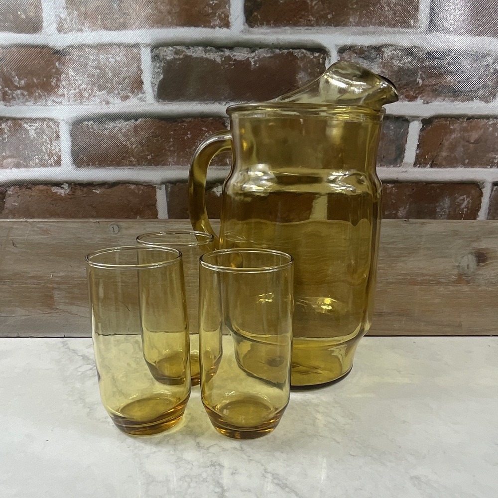 Amber Glass and Pitcher with 3 Glasses Vintage MCM